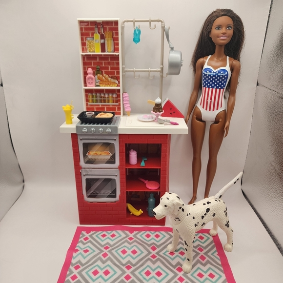 Mattel Other - Barbie Lot - USA Olympic Swimmer, Kennel Care Dalmatian Dog, Kitchen Dishes Food